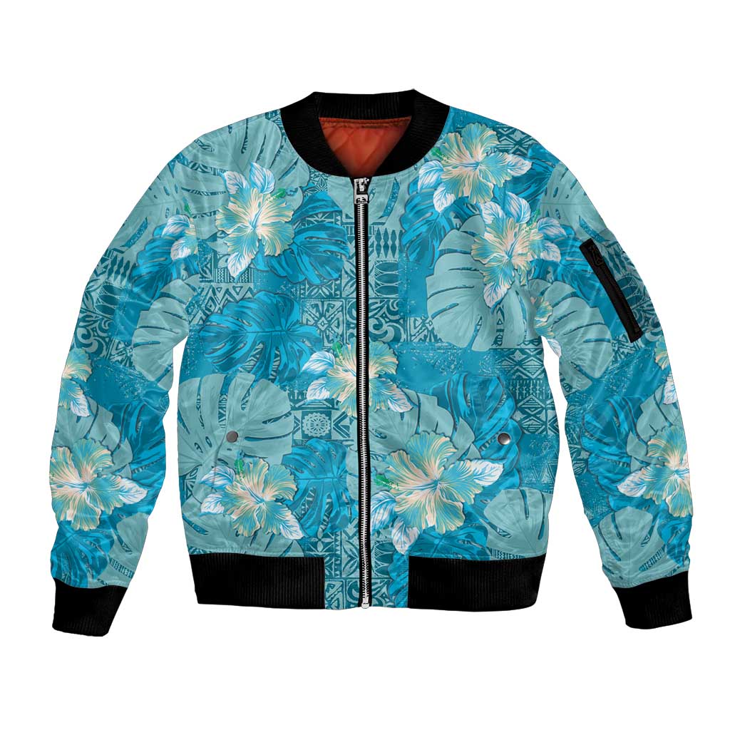 Hawaii Sleeve Zip Bomber Jacket Teal Polynesian Monstera Patterns DT05 Unisex Teal - Polynesian Pride