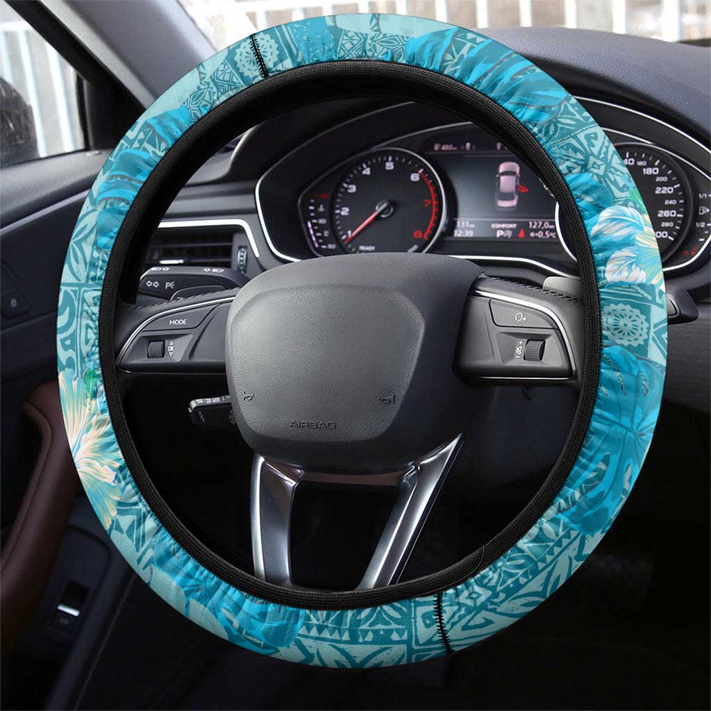 Hawaii Steering Wheel Cover Teal Polynesian Monstera Patterns - Polynesian Pride