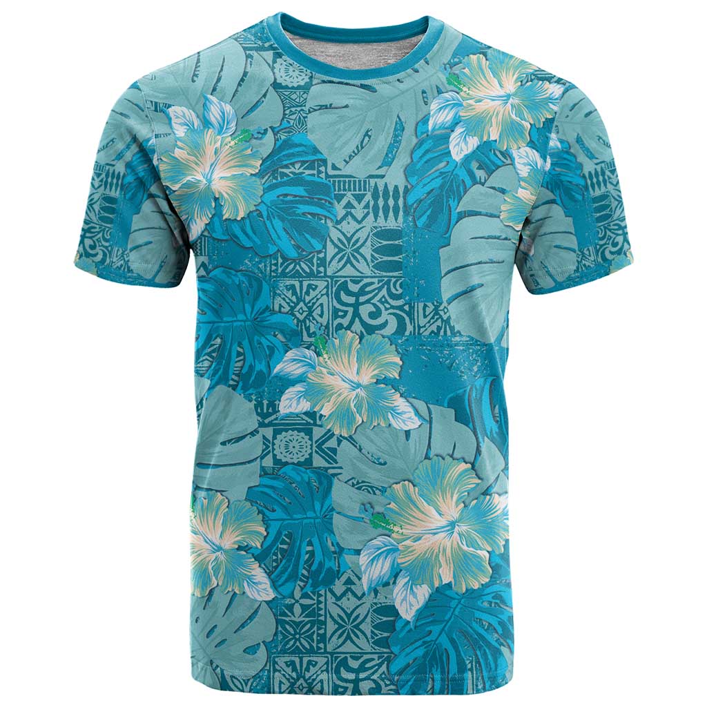 Hawaii T Shirt Teal Polynesian Monstera Patterns - Polynesian Pride
