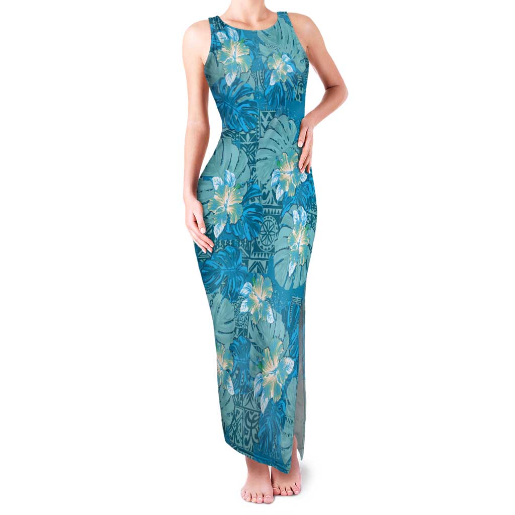 Hawaii Tank Maxi Dress Teal Polynesian Monstera Patterns - Polynesian Pride