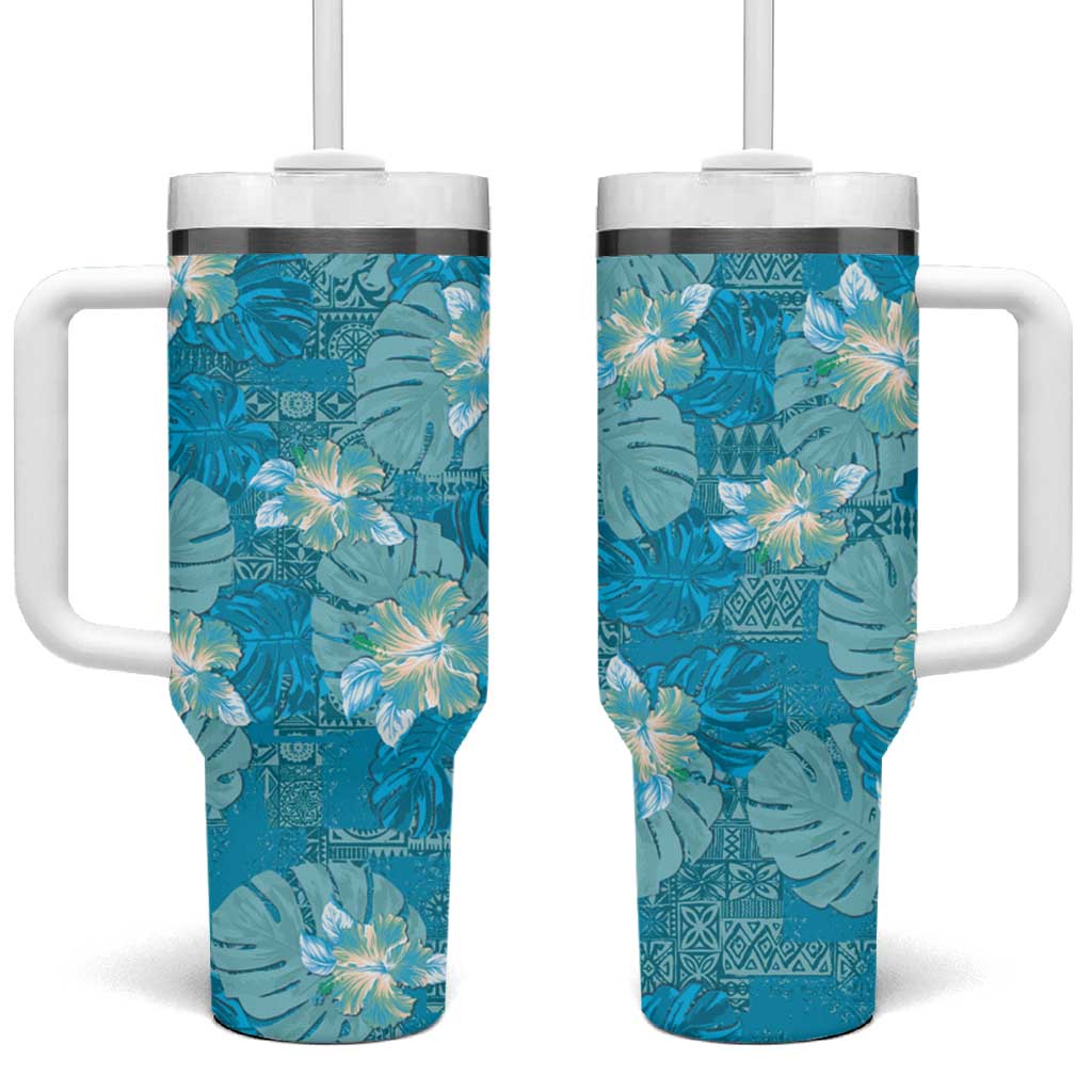 Hawaii Tumbler With Handle Teal Polynesian Monstera Patterns - Polynesian Pride