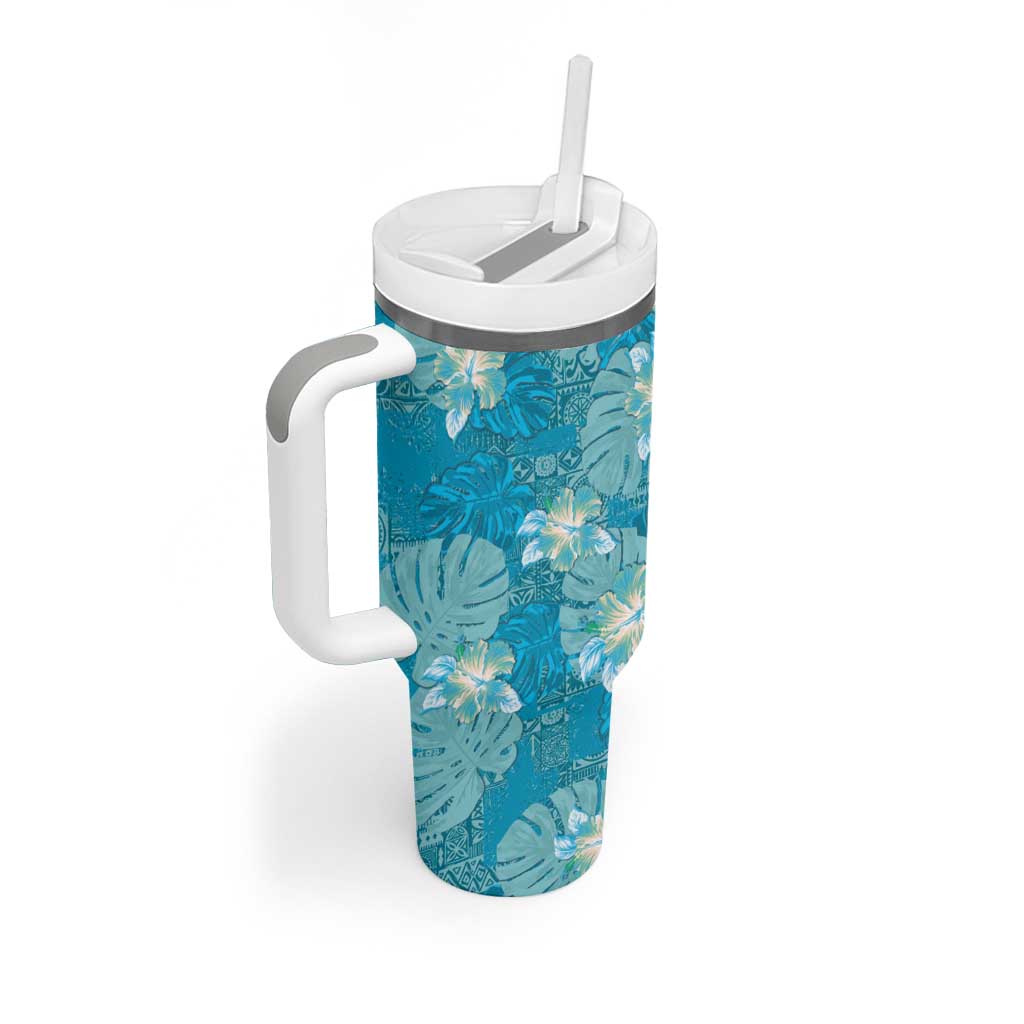 Hawaii Tumbler With Handle Teal Polynesian Monstera Patterns - Polynesian Pride
