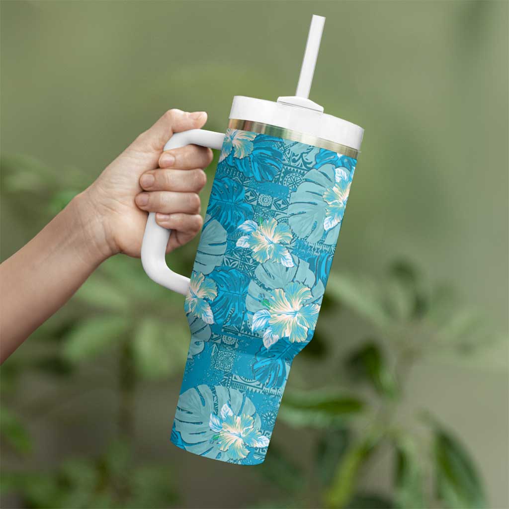 Hawaii Tumbler With Handle Teal Polynesian Monstera Patterns - Polynesian Pride