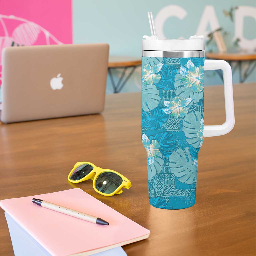 Hawaii Tumbler With Handle Teal Polynesian Monstera Patterns - Polynesian Pride