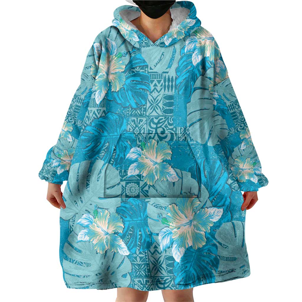 Hawaii Wearable Blanket Hoodie Teal Polynesian Monstera Patterns - Polynesian Pride