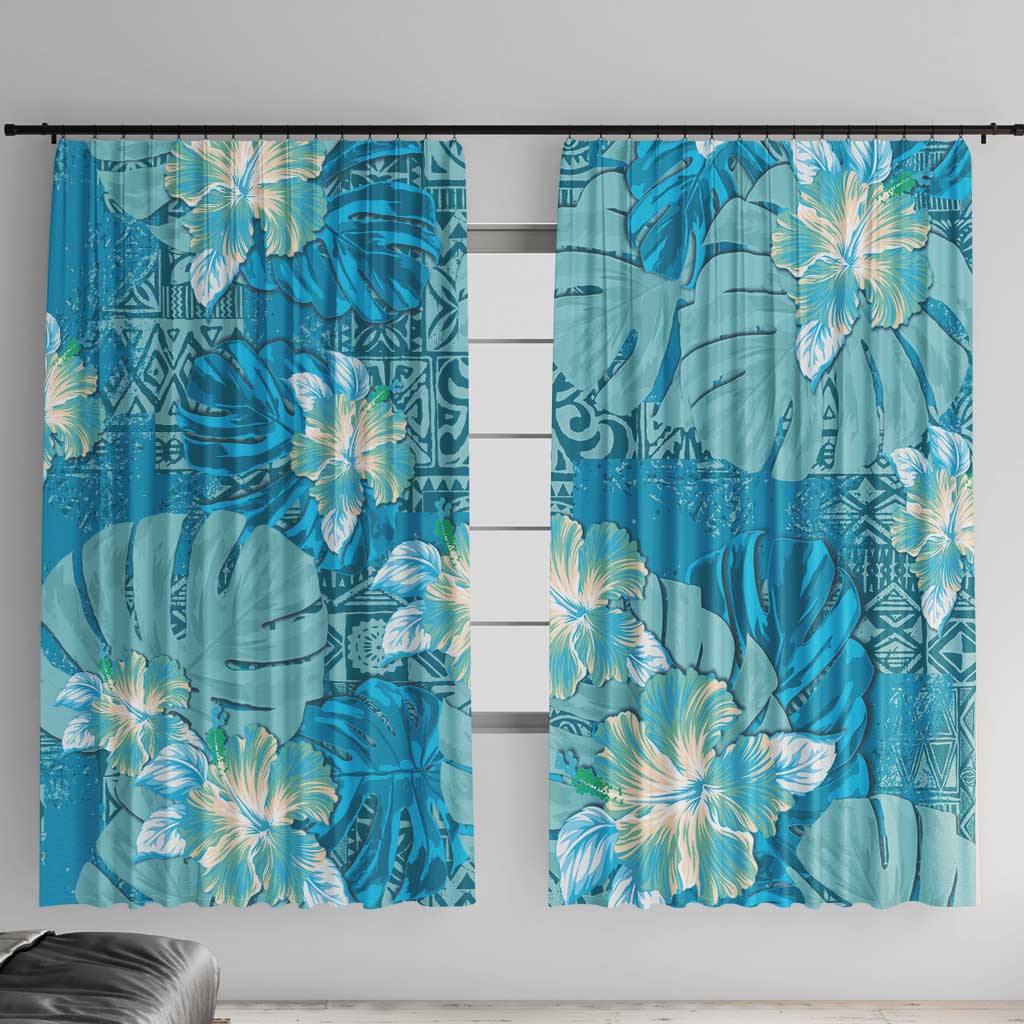 Hawaii Window Curtain Teal Polynesian Monstera Patterns DT05 With Hooks Teal - Polynesian Pride