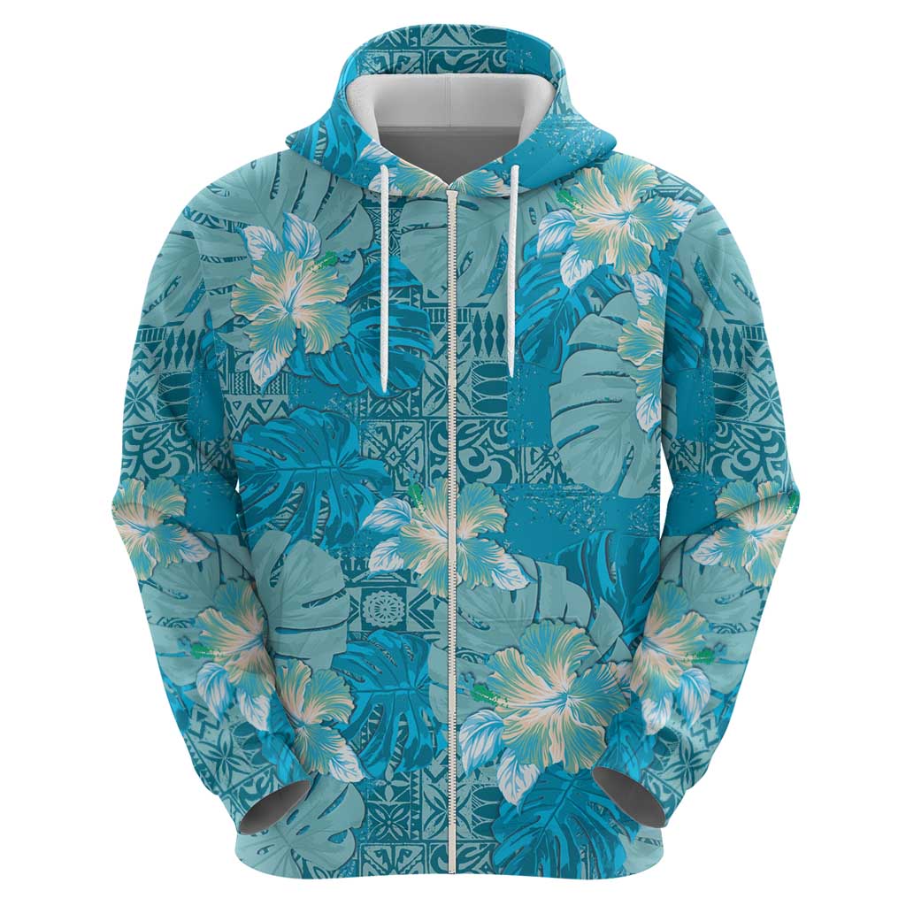 Hawaii Zip Hoodie Teal Polynesian Monstera Patterns - Polynesian Pride