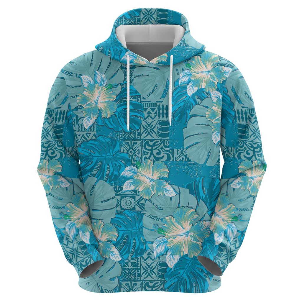 Hawaii Zip Hoodie Teal Polynesian Monstera Patterns - Polynesian Pride