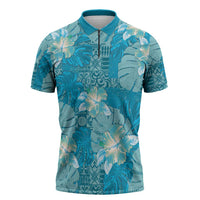 Hawaii Zipper Polo Shirt Teal Polynesian Monstera Patterns - Polynesian Pride