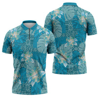 Hawaii Zipper Polo Shirt Teal Polynesian Monstera Patterns - Polynesian Pride