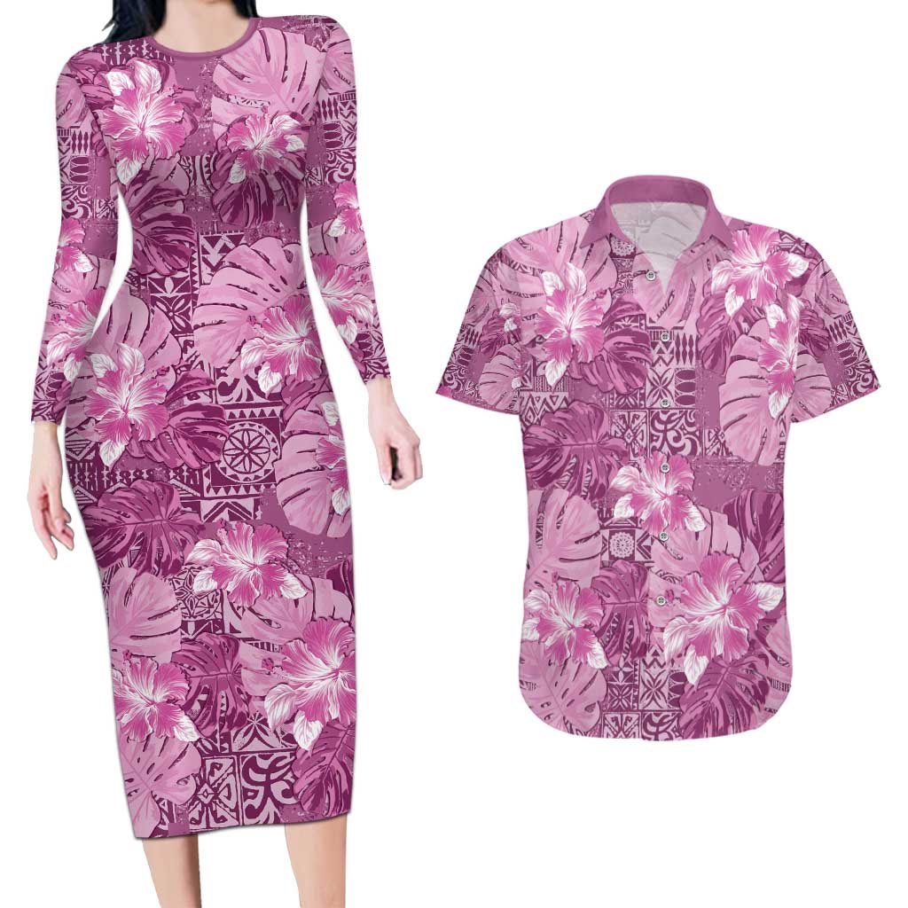 Hawaii Couples Matching Long Sleeve Bodycon Dress and Hawaiian Shirt Magenta Polynesian Monstera Patterns - Polynesian Pride