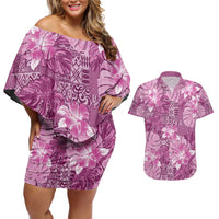 Hawaii Couples Matching Off Shoulder Short Dress and Hawaiian Shirt Magenta Polynesian Monstera Patterns - Polynesian Pride
