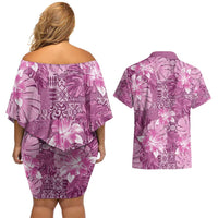 Hawaii Couples Matching Off Shoulder Short Dress and Hawaiian Shirt Magenta Polynesian Monstera Patterns - Polynesian Pride
