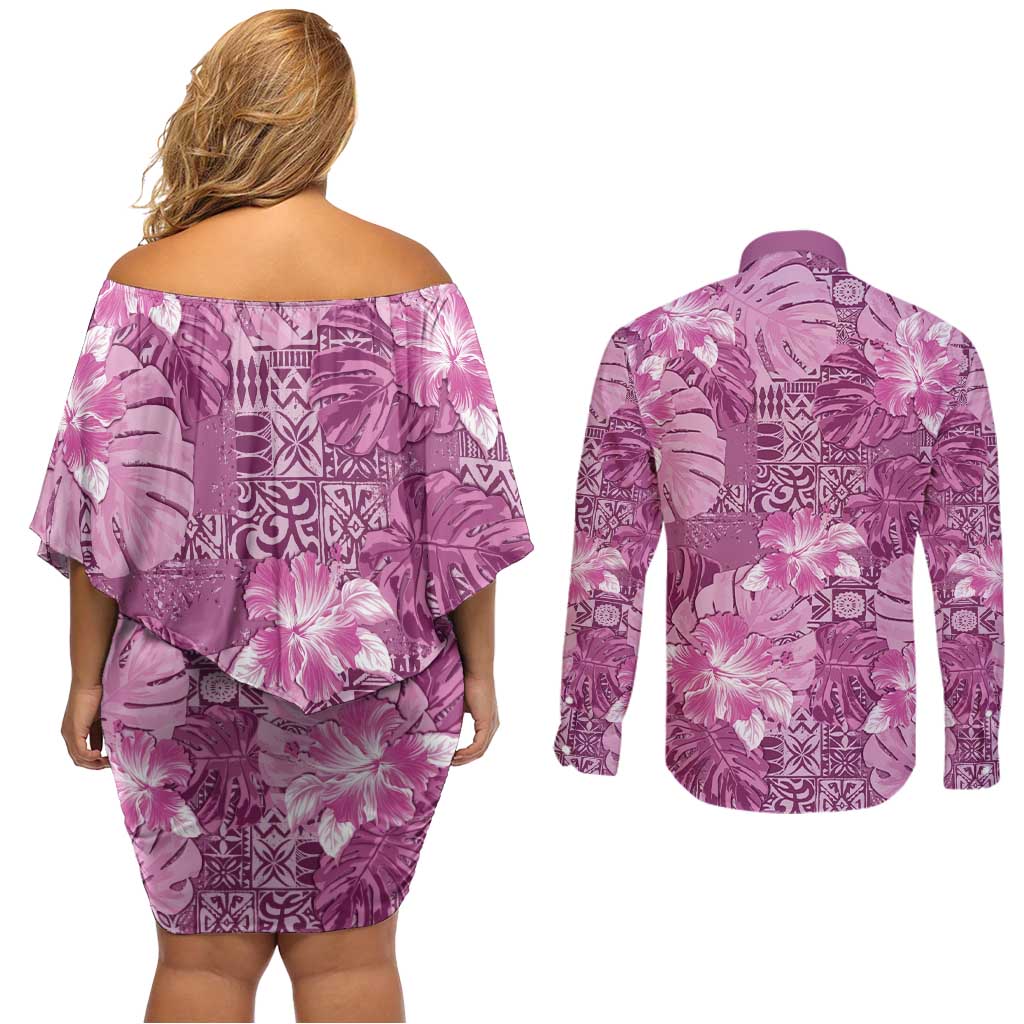 Hawaii Couples Matching Off Shoulder Short Dress and Long Sleeve Button Shirt Magenta Polynesian Monstera Patterns - Polynesian Pride