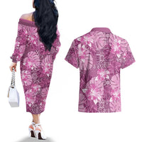 Hawaii Couples Matching Off The Shoulder Long Sleeve Dress and Hawaiian Shirt Magenta Polynesian Monstera Patterns - Polynesian Pride