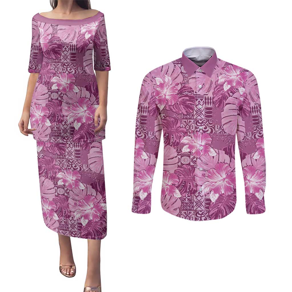 Hawaii Couples Matching Puletasi and Long Sleeve Button Shirt Magenta Polynesian Monstera Patterns DT05 Magenta - Polynesian Pride