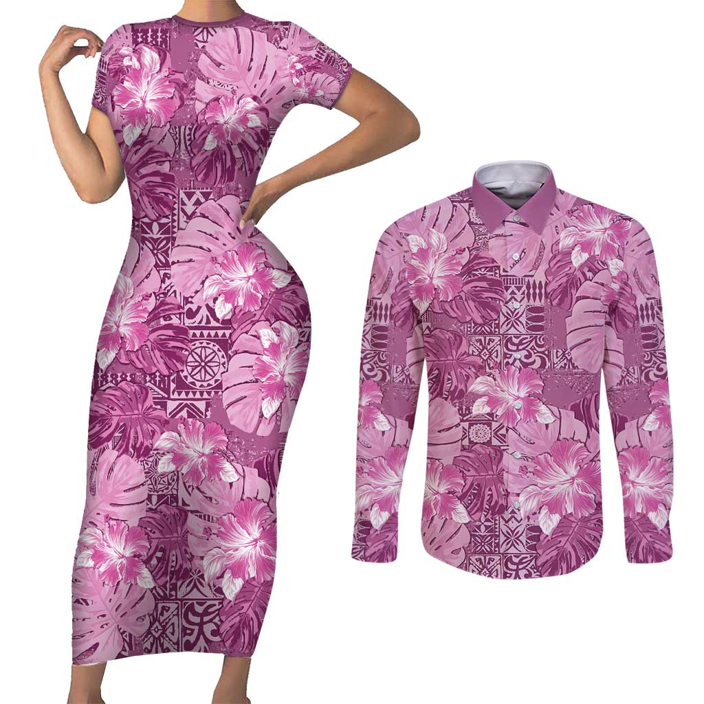 Hawaii Couples Matching Short Sleeve Bodycon Dress and Long Sleeve Button Shirt Magenta Polynesian Monstera Patterns - Polynesian Pride