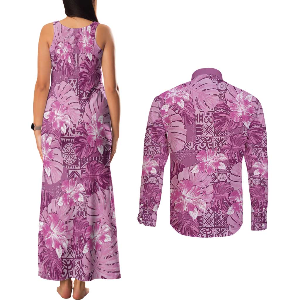 Hawaii Couples Matching Tank Maxi Dress and Long Sleeve Button Shirt Magenta Polynesian Monstera Patterns - Polynesian Pride