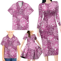 Hawaii Family Matching Long Sleeve Bodycon Dress and Hawaiian Shirt Magenta Polynesian Monstera Patterns - Polynesian Pride