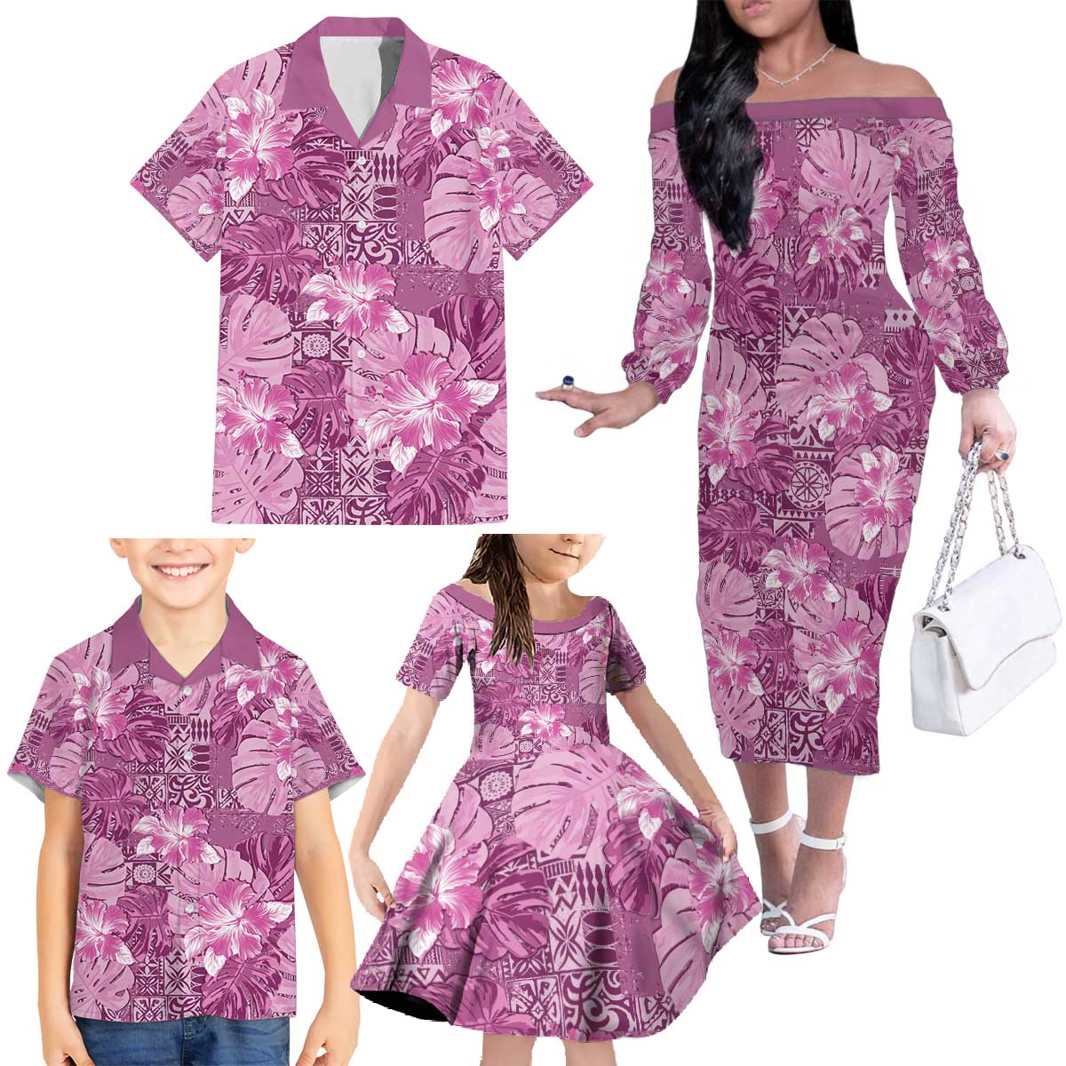 Hawaii Family Matching Off The Shoulder Long Sleeve Dress and Hawaiian Shirt Magenta Polynesian Monstera Patterns - Polynesian Pride