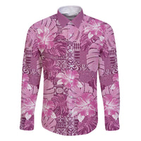 Hawaii Family Matching Off The Shoulder Long Sleeve Dress and Hawaiian Shirt Magenta Polynesian Monstera Patterns - Polynesian Pride