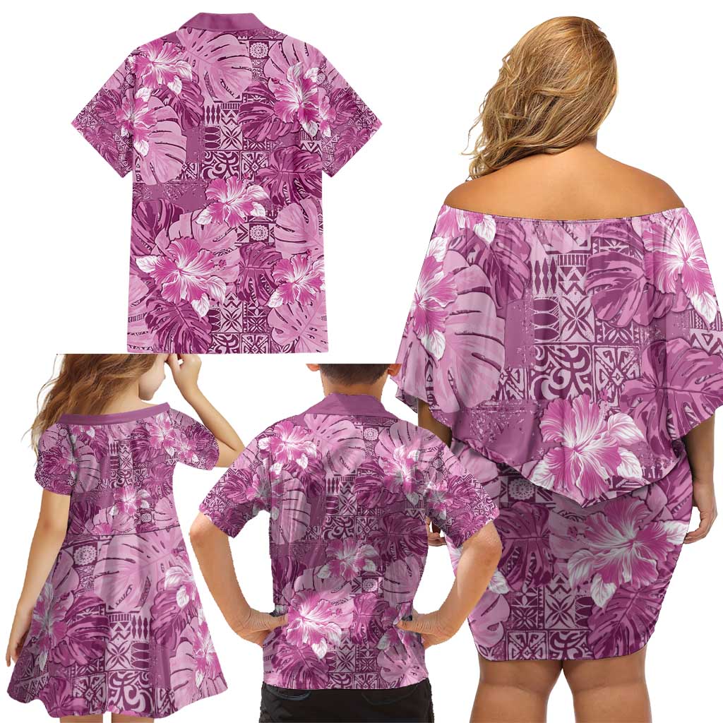 Hawaii Family Matching Off Shoulder Short Dress and Hawaiian Shirt Magenta Polynesian Monstera Patterns - Polynesian Pride