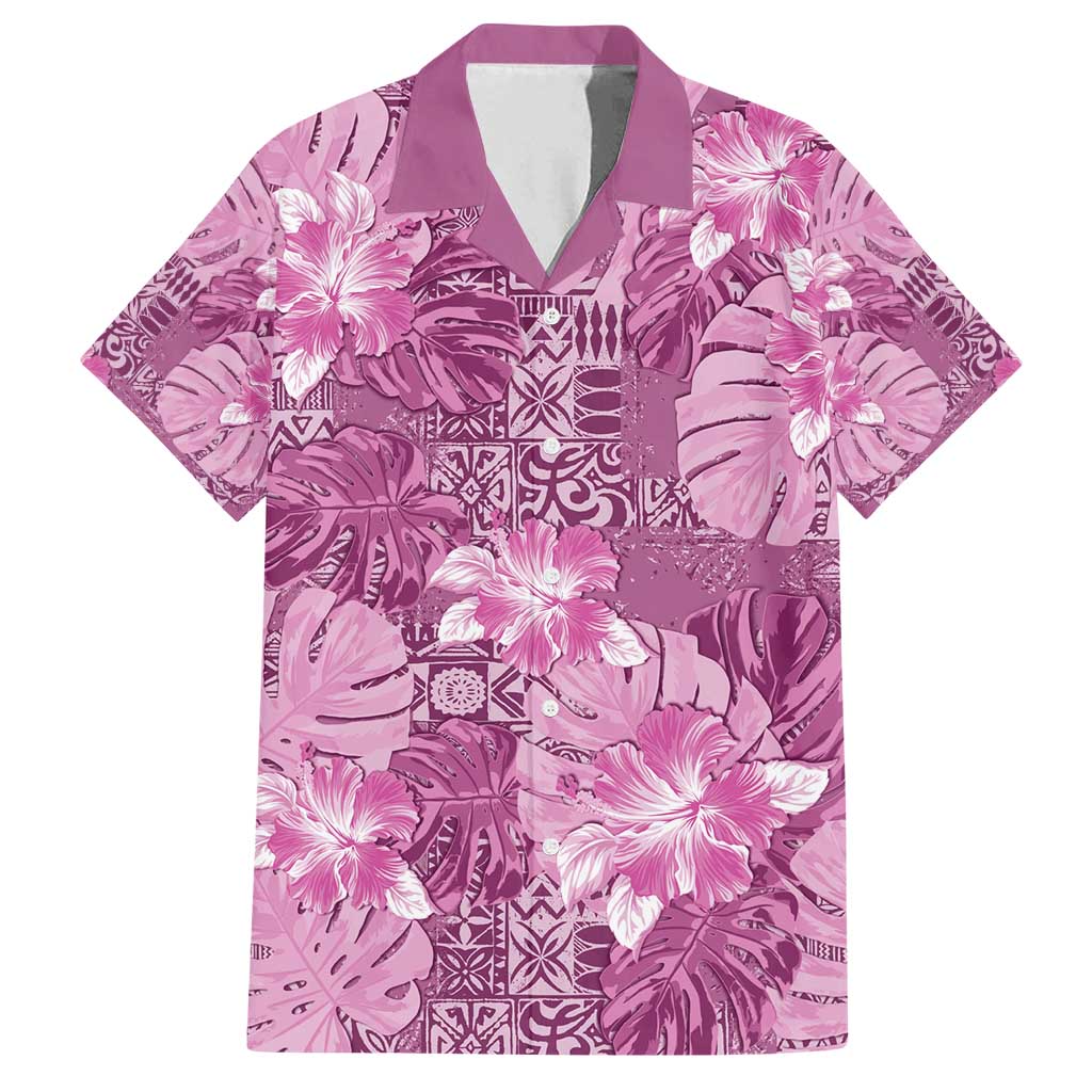 Hawaii Family Matching Off Shoulder Short Dress and Hawaiian Shirt Magenta Polynesian Monstera Patterns - Polynesian Pride