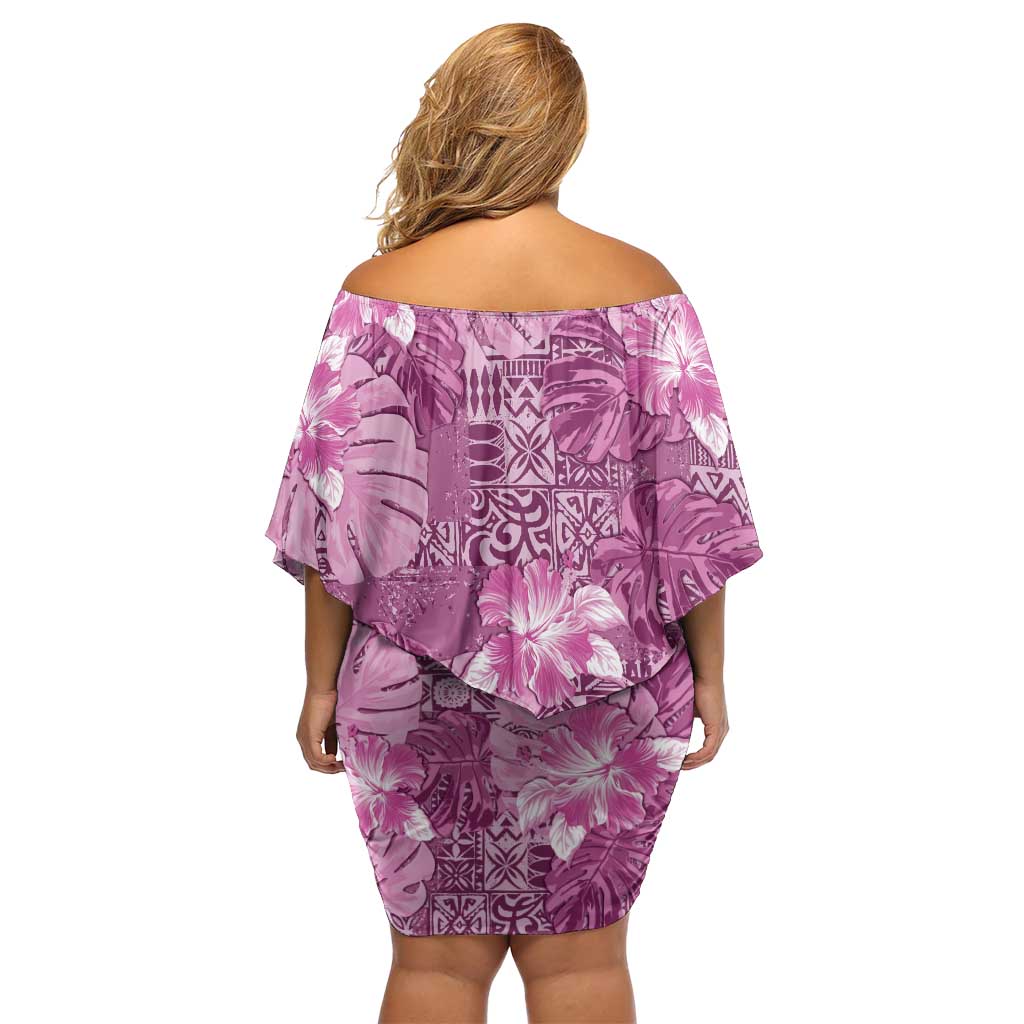 Hawaii Family Matching Off Shoulder Short Dress and Hawaiian Shirt Magenta Polynesian Monstera Patterns - Polynesian Pride