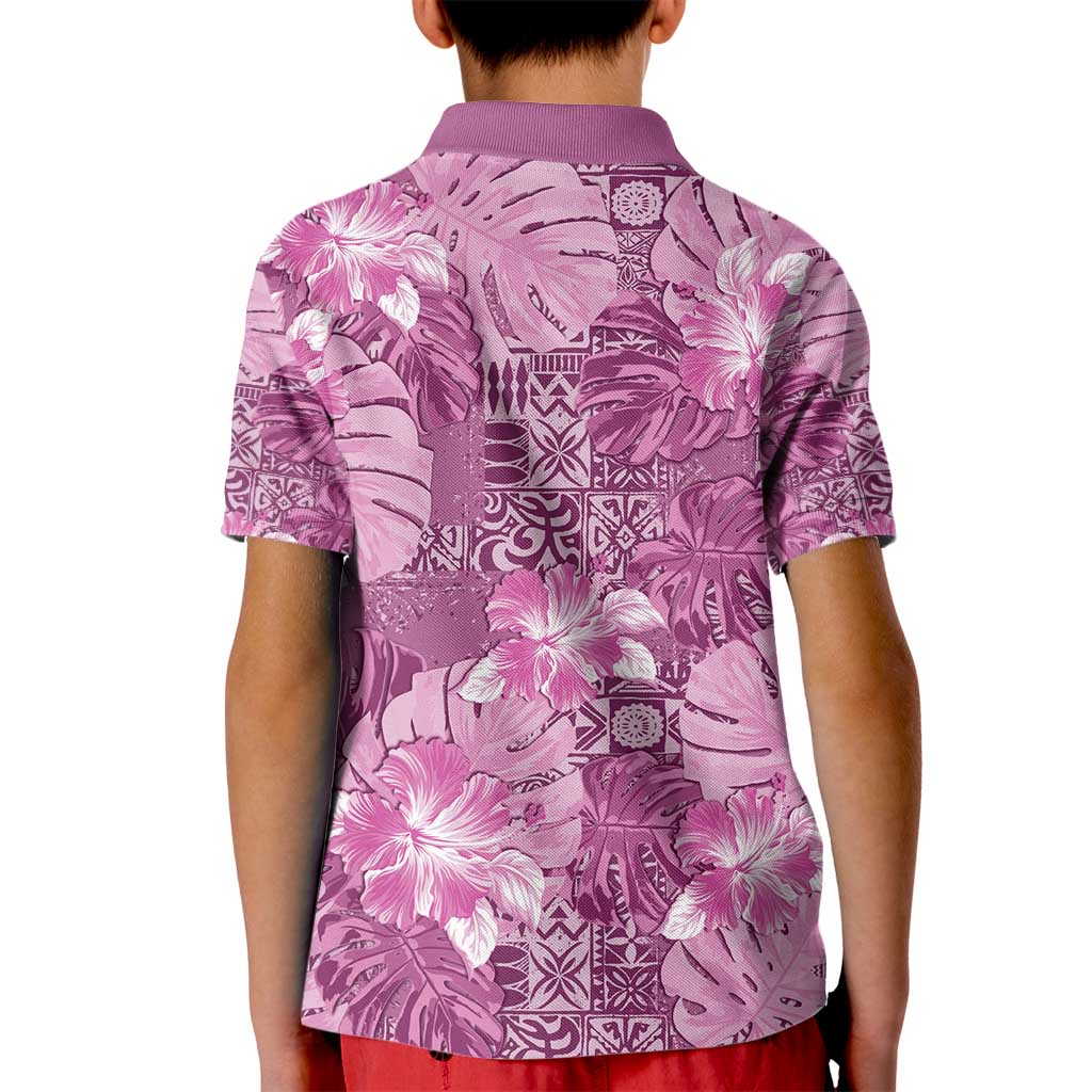 Hawaii Kid Polo Shirt Magenta Polynesian Monstera Patterns - Polynesian Pride