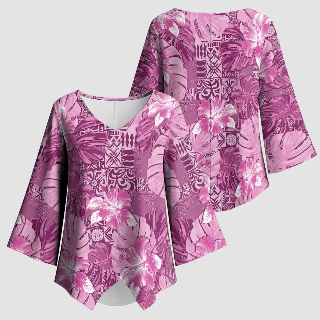 Hawaii Kimono Sleeve Blouse Magenta Polynesian Monstera Patterns - Polynesian Pride
