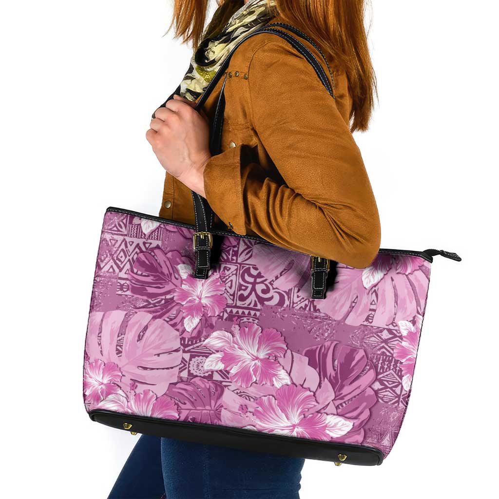 Hawaii Leather Tote Bag Magenta Polynesian Monstera Patterns - Polynesian Pride
