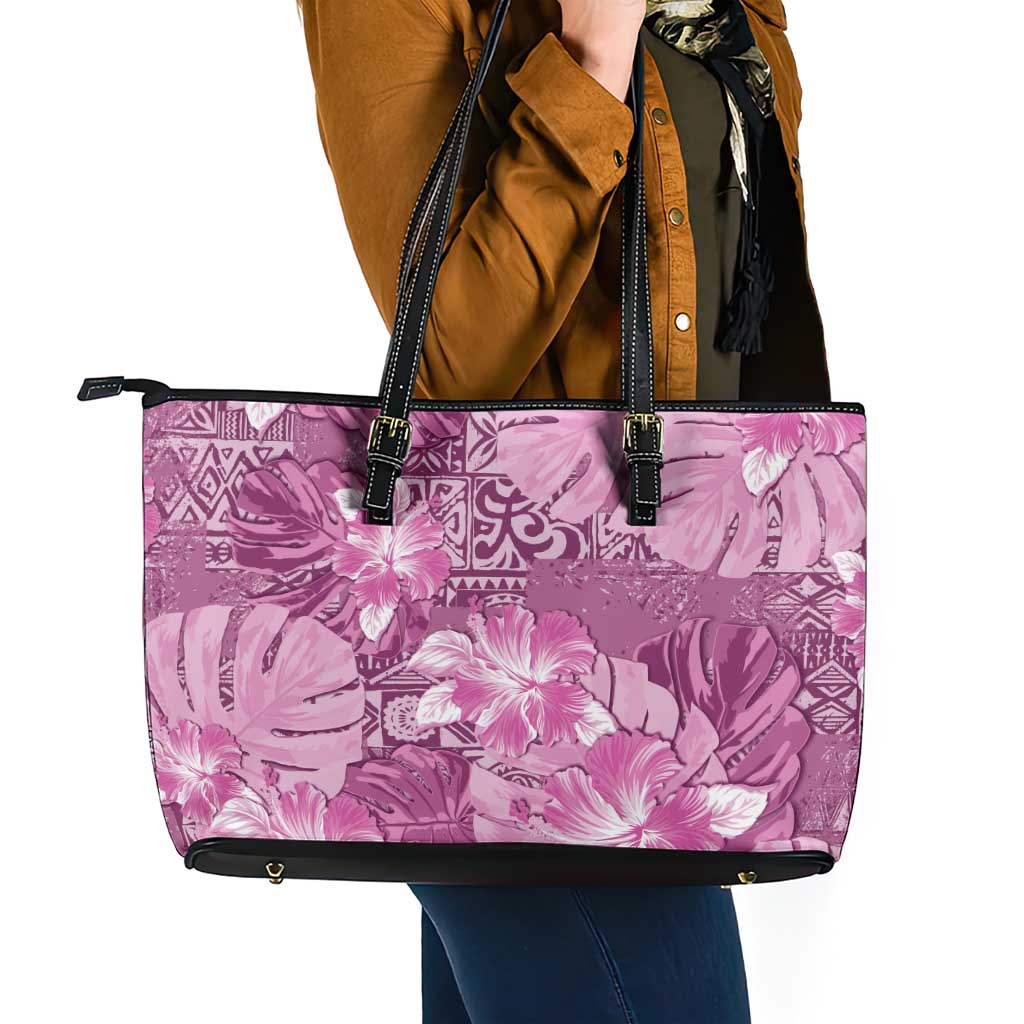 Hawaii Leather Tote Bag Magenta Polynesian Monstera Patterns - Polynesian Pride