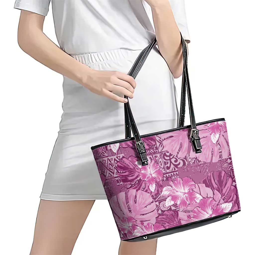 Hawaii Leather Tote Bag Magenta Polynesian Monstera Patterns - Polynesian Pride