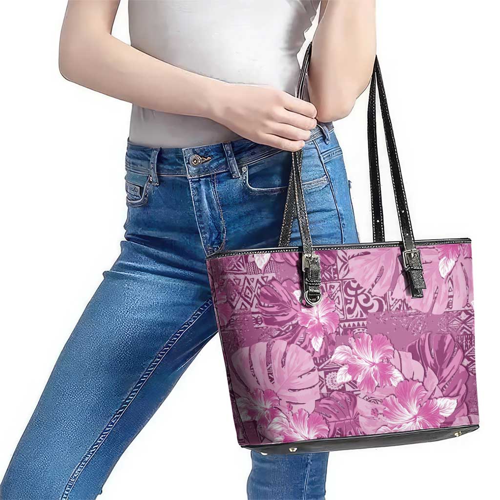 Hawaii Leather Tote Bag Magenta Polynesian Monstera Patterns - Polynesian Pride