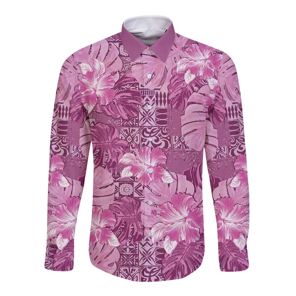 Hawaii Long Sleeve Button Shirt Magenta Polynesian Monstera Patterns DT05 Unisex Magenta - Polynesian Pride