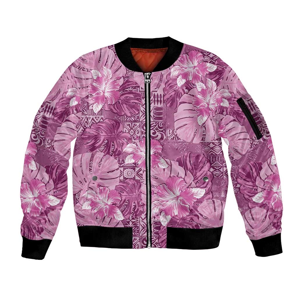 Hawaii Sleeve Zip Bomber Jacket Magenta Polynesian Monstera Patterns - Polynesian Pride