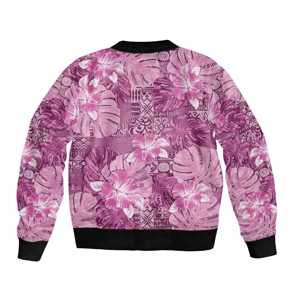 Hawaii Sleeve Zip Bomber Jacket Magenta Polynesian Monstera Patterns - Polynesian Pride