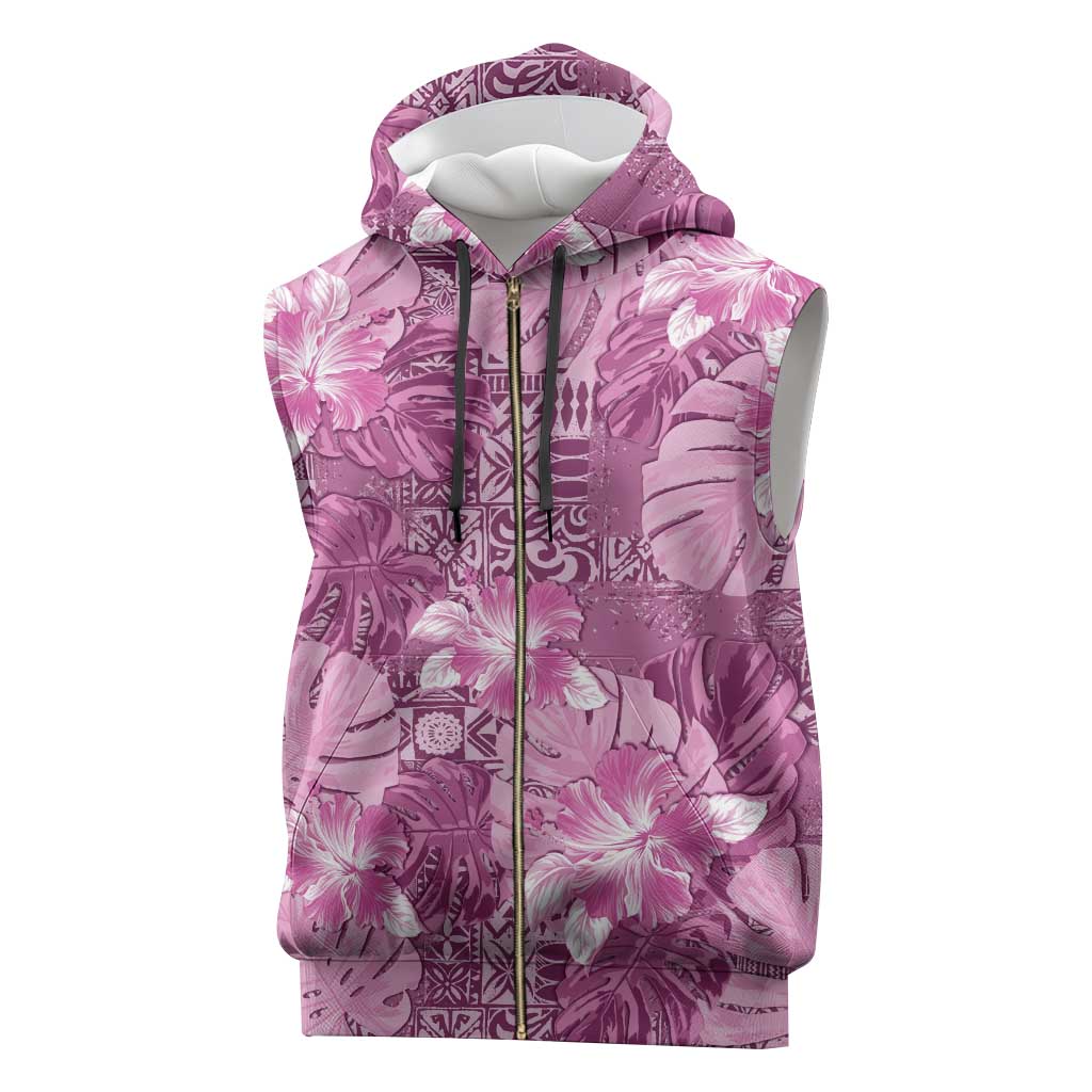 Hawaii Sleeveless Zip Hoodie Magenta Polynesian Monstera Patterns - Polynesian Pride