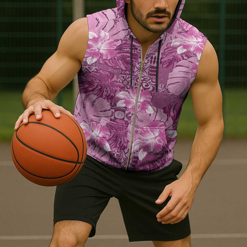 Hawaii Sleeveless Zip Hoodie Magenta Polynesian Monstera Patterns - Polynesian Pride