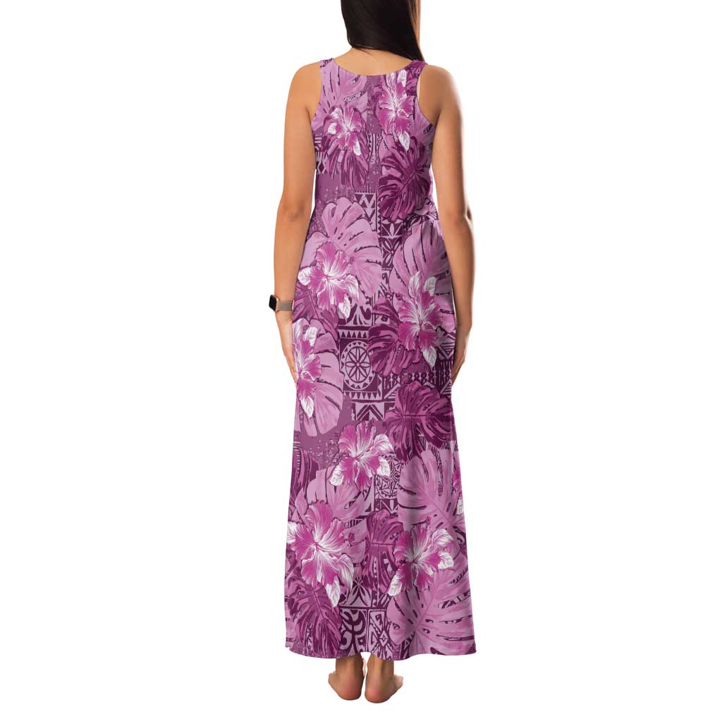 Hawaii Tank Maxi Dress Magenta Polynesian Monstera Patterns - Polynesian Pride