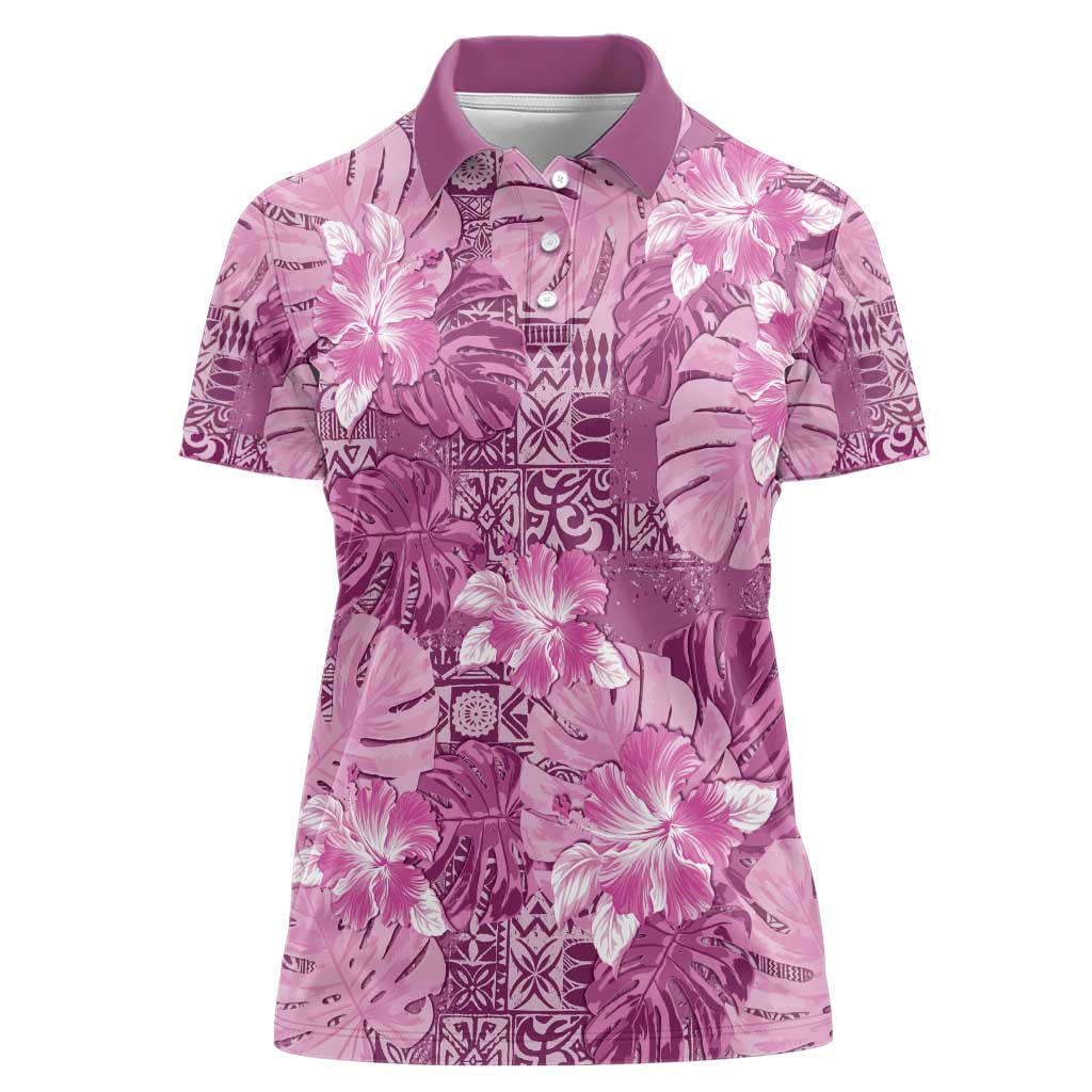 Hawaii Women Polo Shirt Magenta Polynesian Monstera Patterns - Polynesian Pride