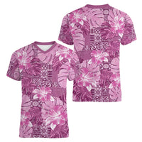 Hawaii Women V-Neck T-Shirt Magenta Polynesian Monstera Patterns - Polynesian Pride