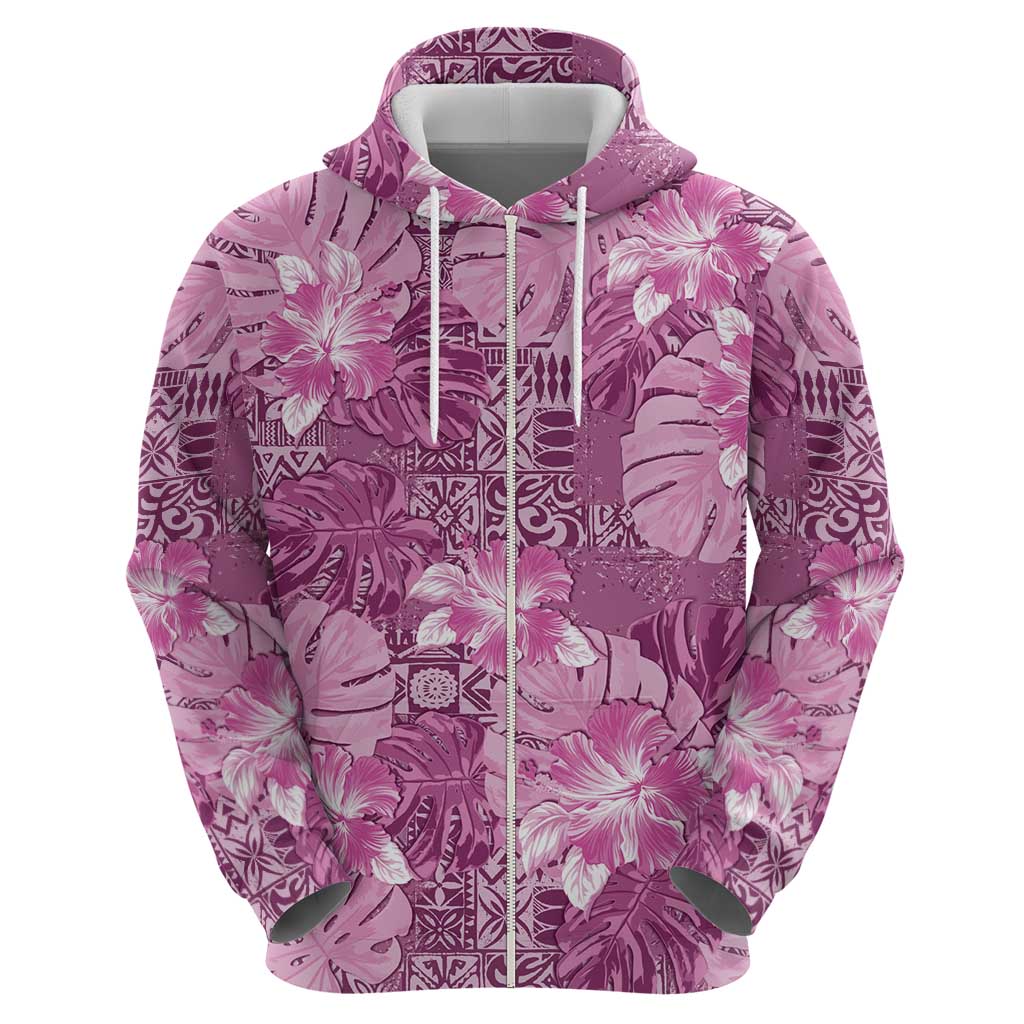 Hawaii Zip Hoodie Magenta Polynesian Monstera Patterns - Polynesian Pride
