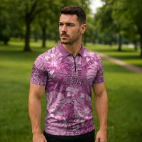 Hawaii Zipper Polo Shirt Magenta Polynesian Monstera Patterns - Polynesian Pride