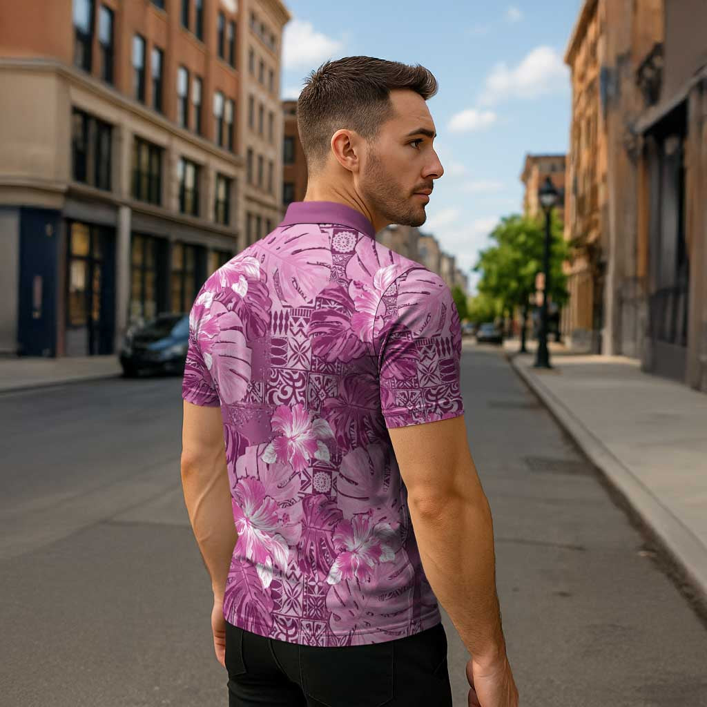 Hawaii Zipper Polo Shirt Magenta Polynesian Monstera Patterns - Polynesian Pride