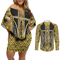 Aotearoa Ngati Whatua Couples Matching Off Shoulder Short Dress and Long Sleeve Button Shirt Maori Tribal Gold Paua Shell Pattern DT05 Yellow - Polynesian Pride