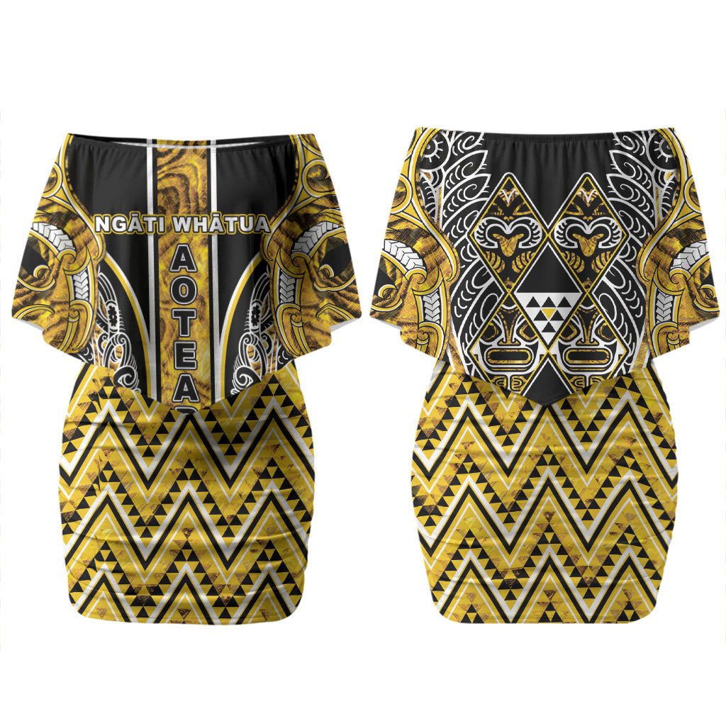 Aotearoa Ngati Whatua Couples Matching Off Shoulder Short Dress and Long Sleeve Button Shirt Maori Tribal Gold Paua Shell Pattern DT05 - Polynesian Pride