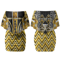 Aotearoa Ngati Whatua Couples Matching Off Shoulder Short Dress and Long Sleeve Button Shirt Maori Tribal Gold Paua Shell Pattern DT05 - Polynesian Pride