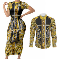 Aotearoa Ngati Whatua Couples Matching Short Sleeve Bodycon Dress and Long Sleeve Button Shirt Maori Tribal Gold Paua Shell Pattern DT05 Yellow - Polynesian Pride