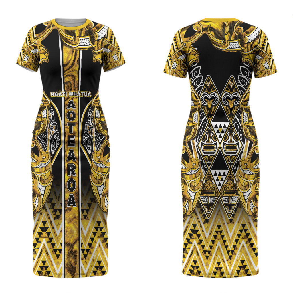 Aotearoa Ngati Whatua Couples Matching Short Sleeve Bodycon Dress and Long Sleeve Button Shirt Maori Tribal Gold Paua Shell Pattern DT05 - Polynesian Pride